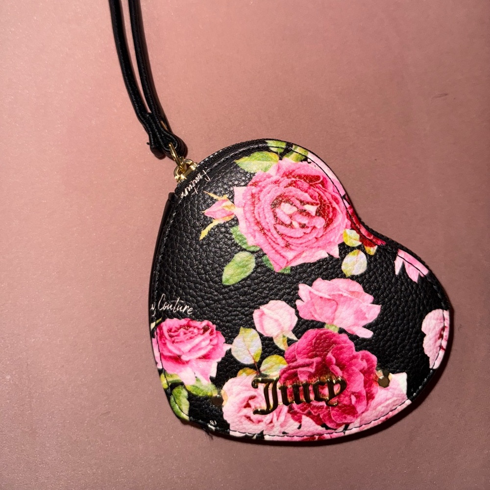Juicy Couture Black and Pink Floral Heart Wristlet